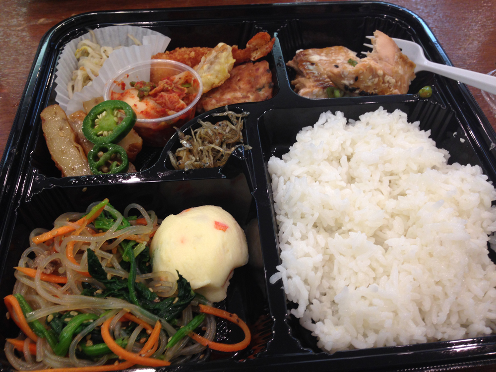 I got the salmon bento box for lunch! There was a variety of things: rice, korean noodle with some vegetables, potato salad, kimchi, bean sprouts, tempura shrimp, and a couple of other things. Very filling!