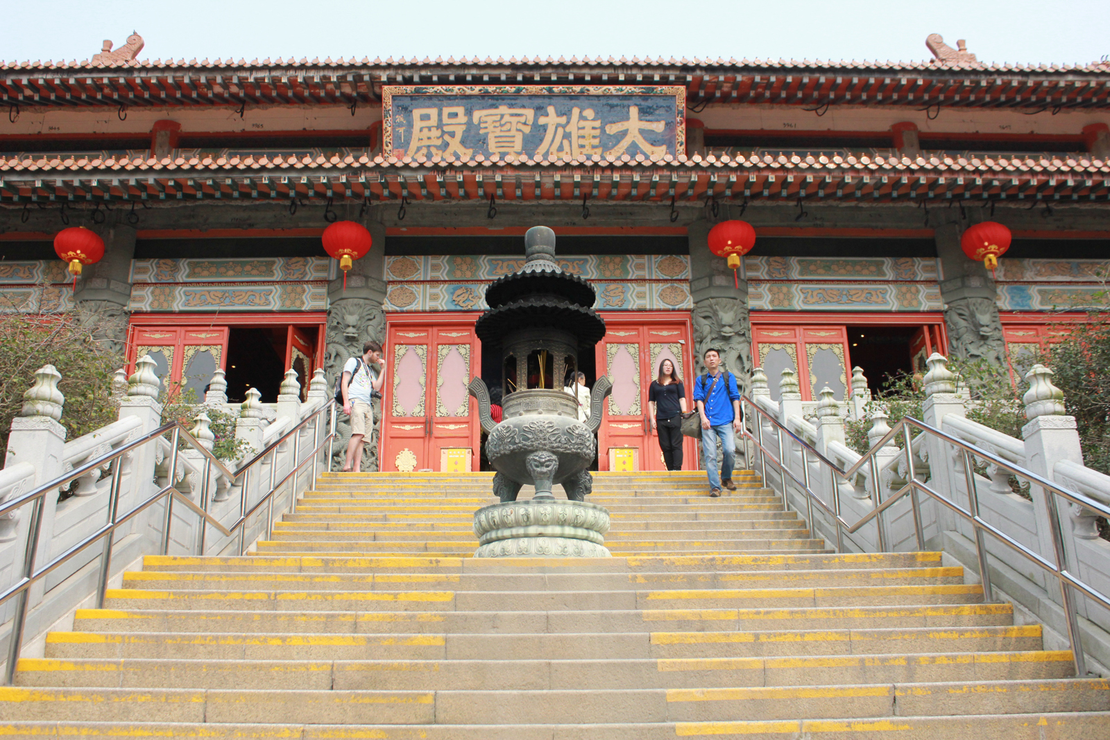 The view of a temple from the bottom steps.