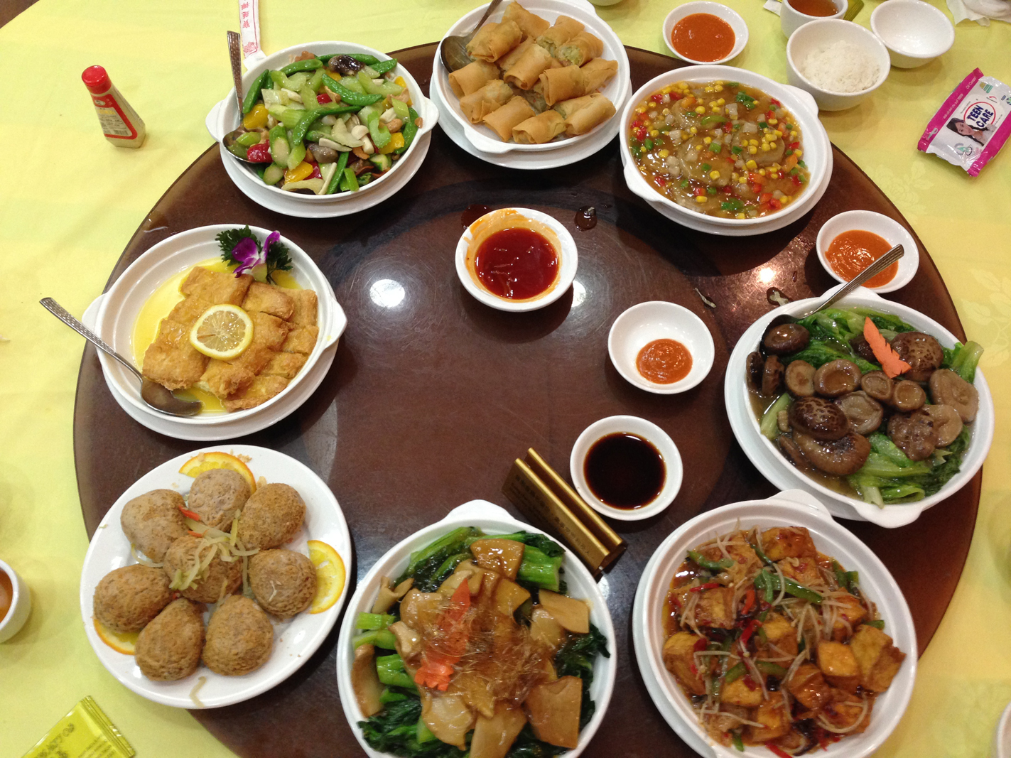 Here's an aerial shot of the entire feast. It was eight courses and consisted of really good vegetarian dishes. I won't list them all, but it is suffice to say that any vegetarian (who like Asian food) would have enjoyed this feast!